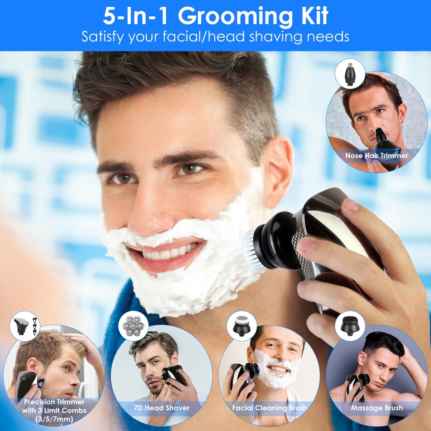 5 In 1 7D Electric Head Shaver For Bald Men | Rechargeable Cordless Beard Trimmer Kit