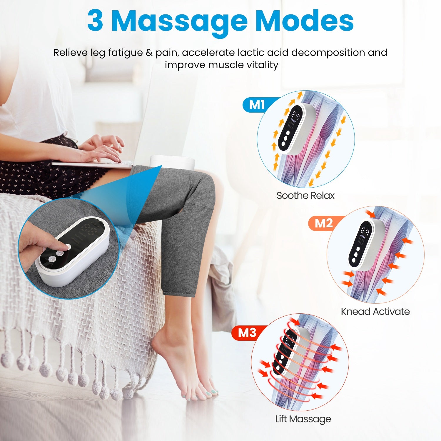 1PCS Cordless Leg Massager Air Compression Massager With Heat Thigh Knee Calf Massager With 3 Modes Adjustable Wrap For Pain Relief