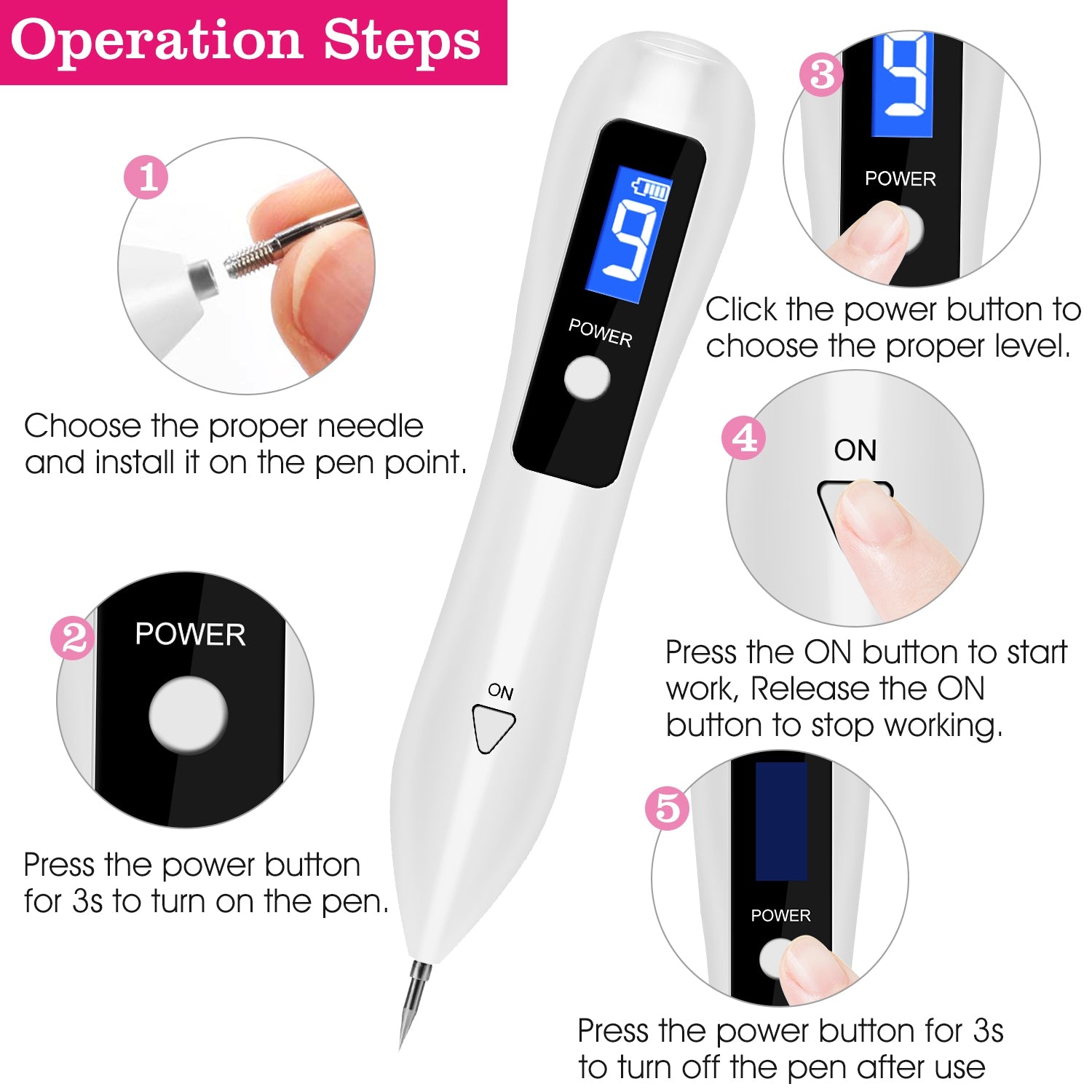 2 PCS Skin Tag Repair Kit Portable Beauty Equipment Multi-Level With Home Usage USB Charging LCD Level Adjustable 12 Replaceable Needles