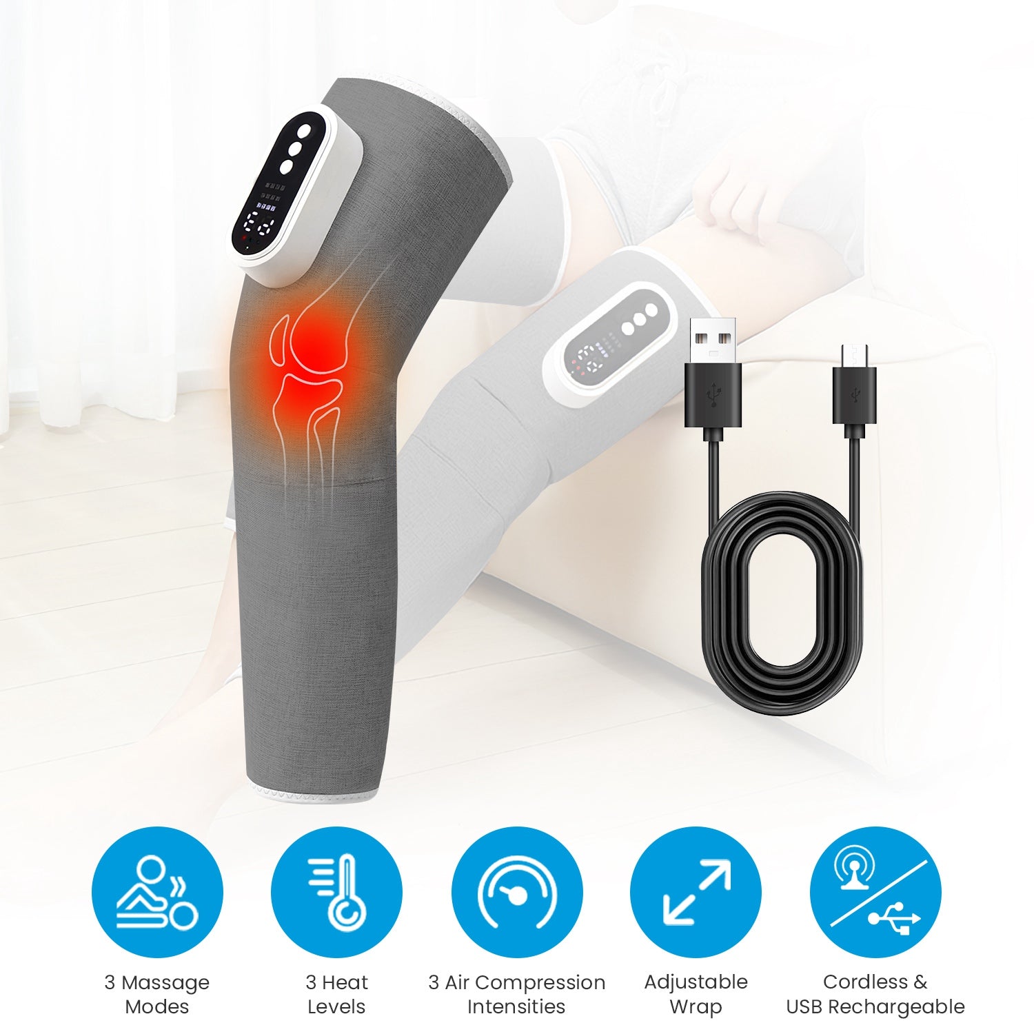 1PCS Cordless Leg Massager Air Compression Massager With Heat Thigh Knee Calf Massager With 3 Modes Adjustable Wrap For Pain Relief