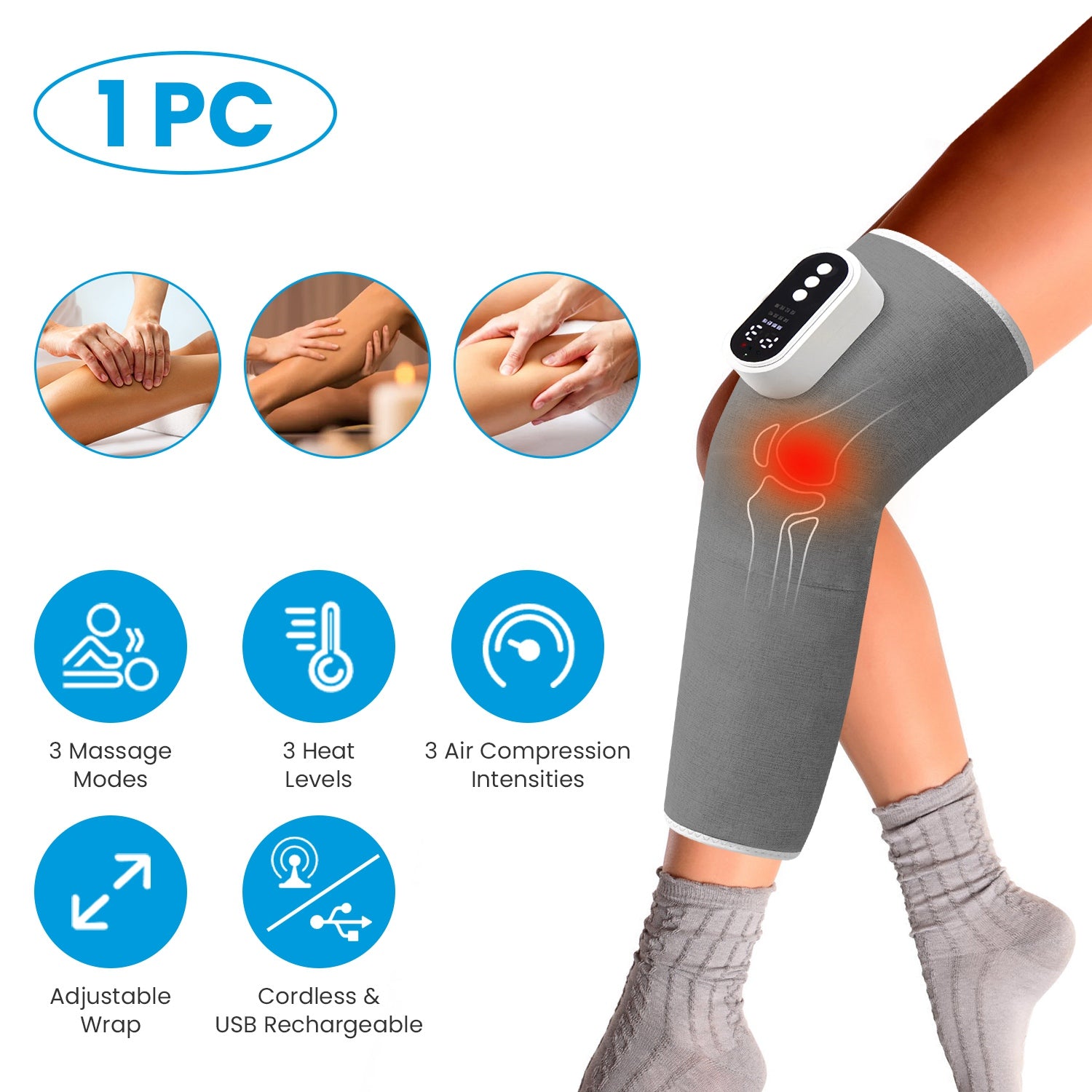 1PCS Cordless Leg Massager Air Compression Massager With Heat Thigh Knee Calf Massager With 3 Modes Adjustable Wrap For Pain Relief