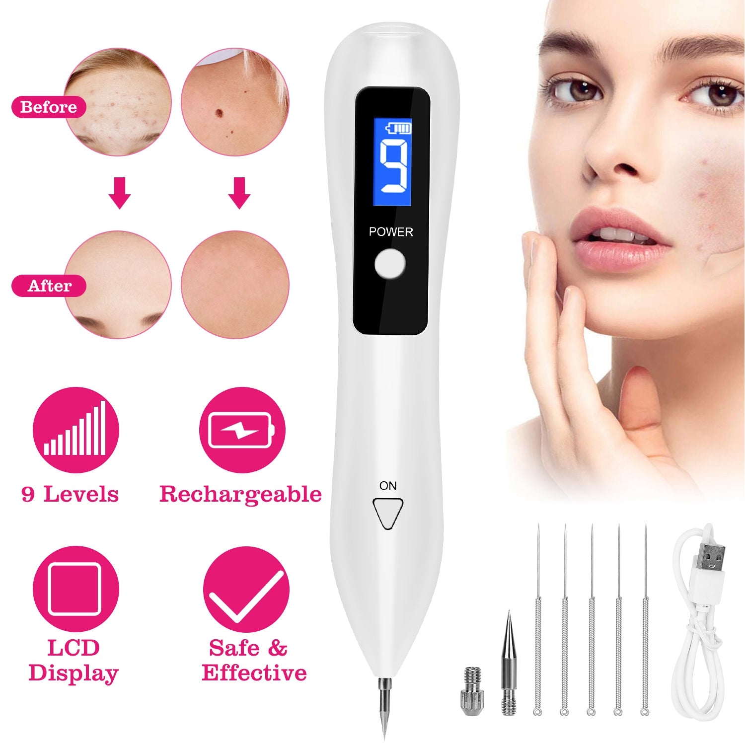 2 PCS Skin Tag Repair Kit Portable Beauty Equipment Multi-Level With Home Usage USB Charging LCD Level Adjustable 12 Replaceable Needles