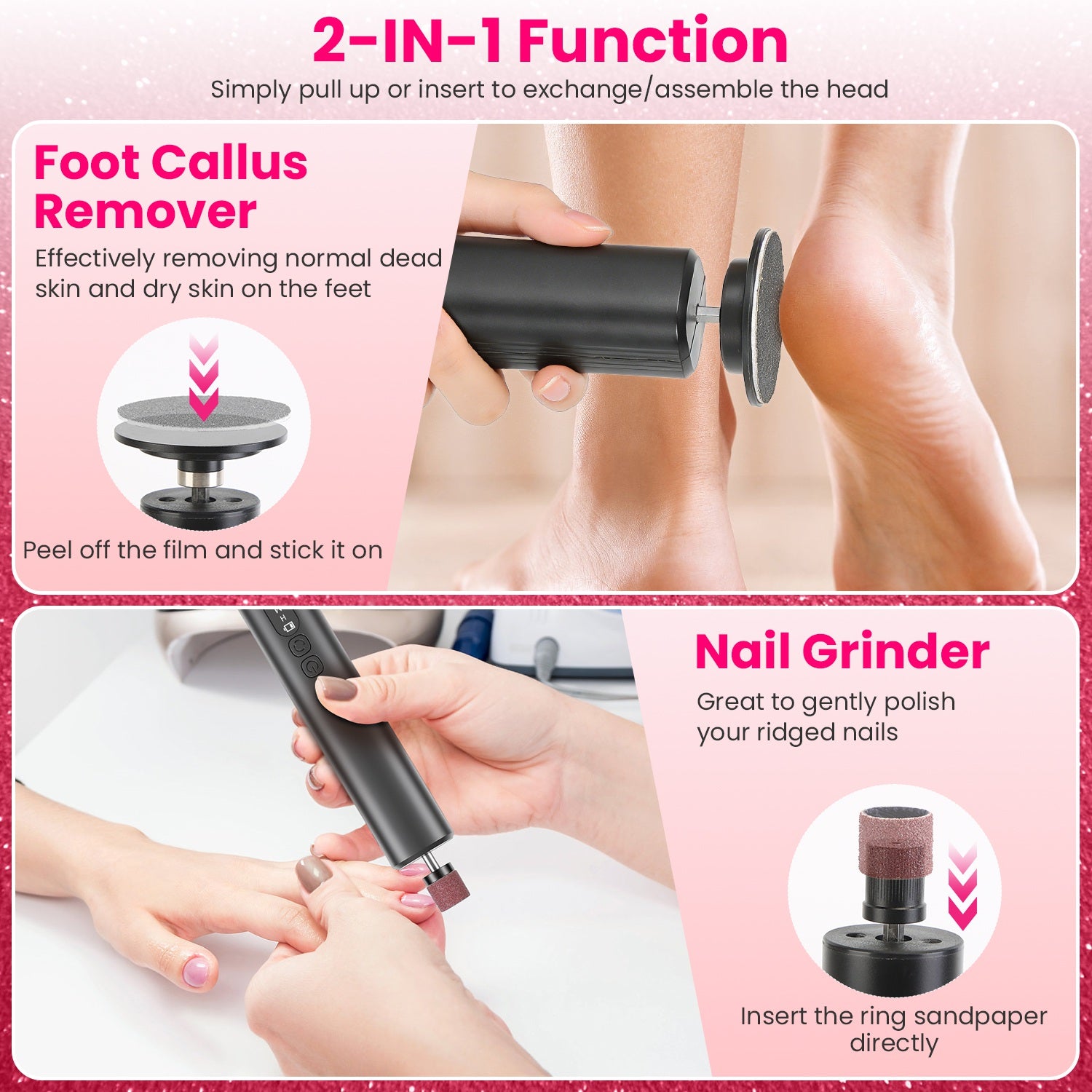 2 In 1 Electric Foot Callus Remover Nail Grinder Feet Care Kit For Women Rechargeable Foot File With 40 Sanding Discs Bands For Dead Skin Cracked Heels Home Salon Use