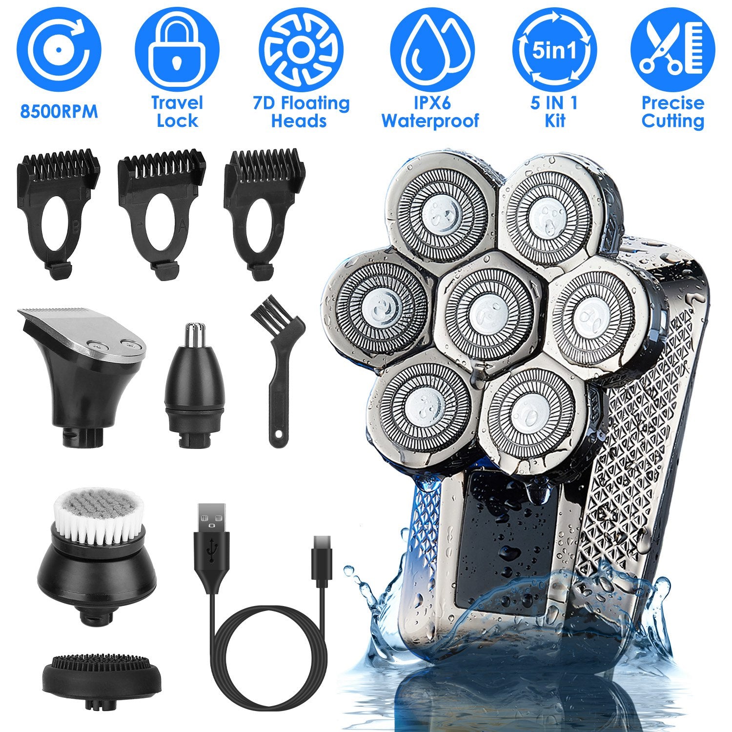 5 In 1 7D Electric Head Shaver For Bald Men | Rechargeable Cordless Beard Trimmer Kit