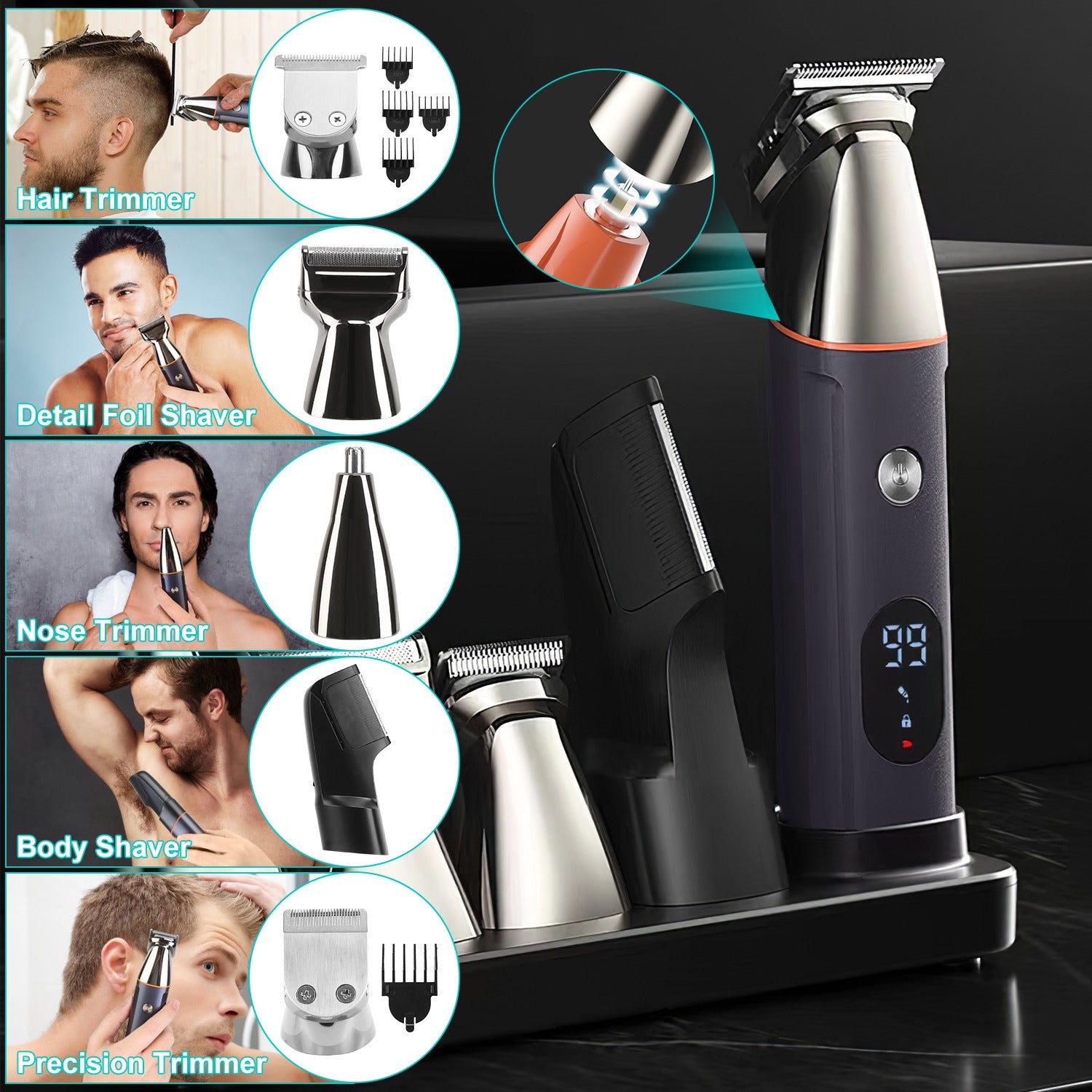 1Set All In One Beard Trimmer For Men Father's Day Gift With 5 Trimmer Heads IPX5 Waterproof Electric Razor For Face Nose Body Beard Cordless Hair Shaver Clipper Grooming Kit For Men Husband Father